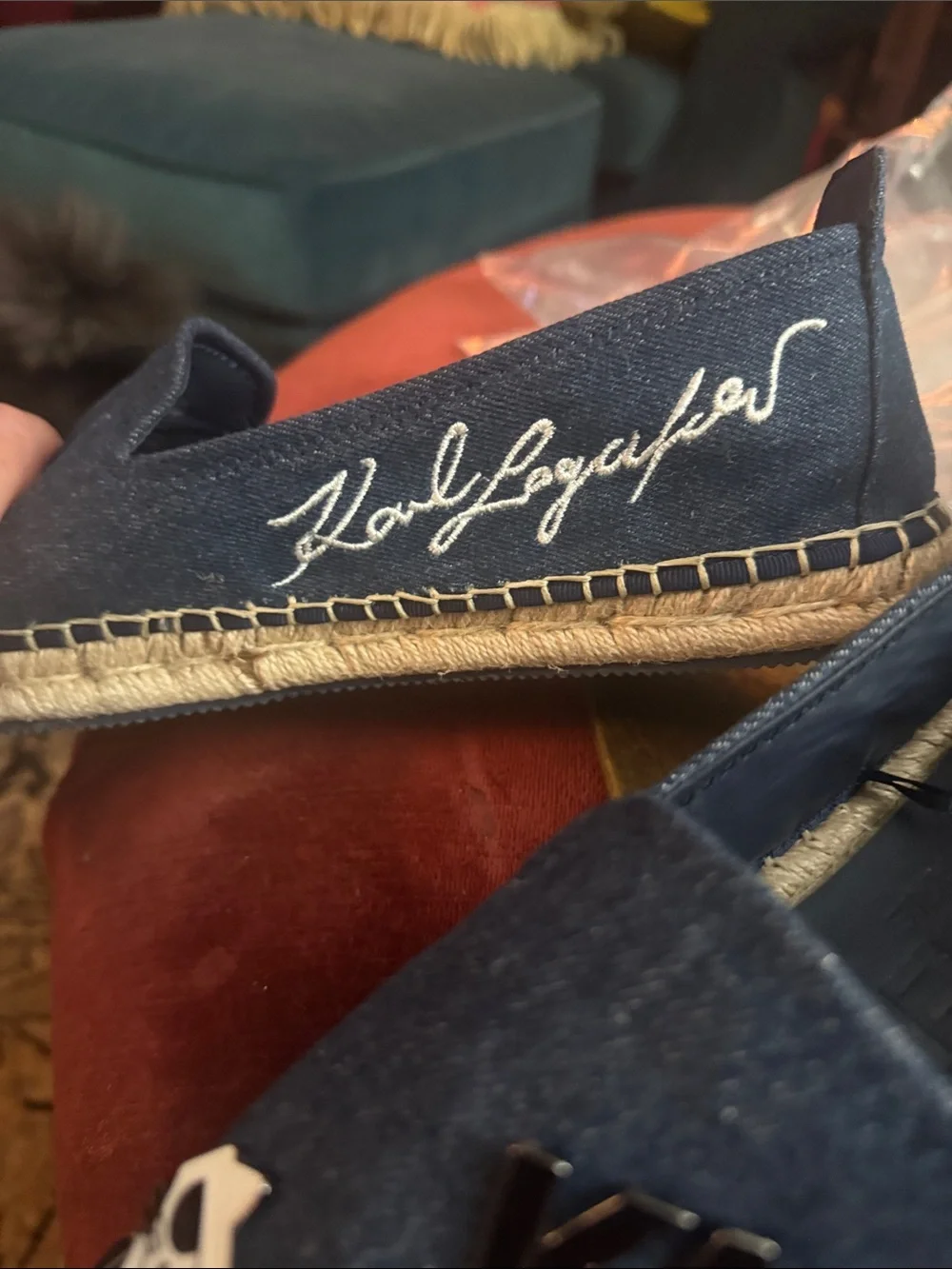 Karl Lagerfeld Navy Denim Espadrilles with Enamel Pins
